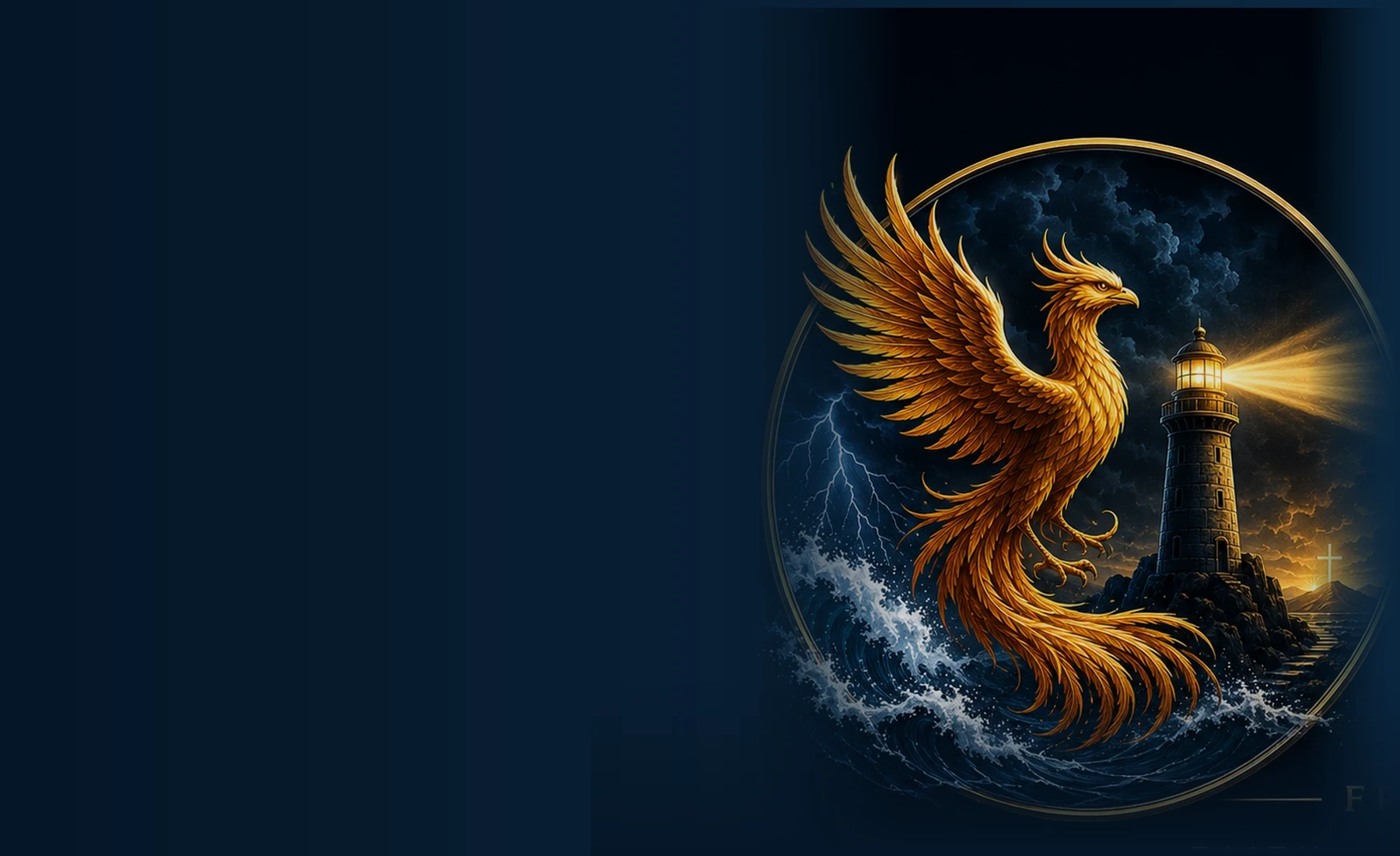 Phoenix rising beside a lighthouse above stormy water