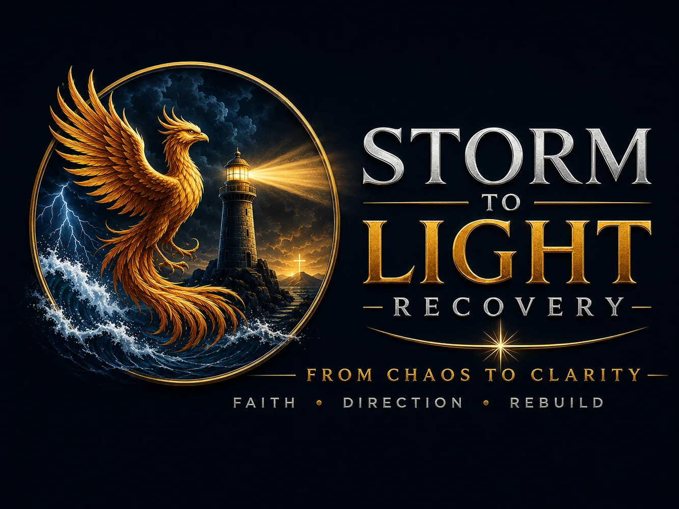 Storm to Light phoenix and lighthouse brand artwork